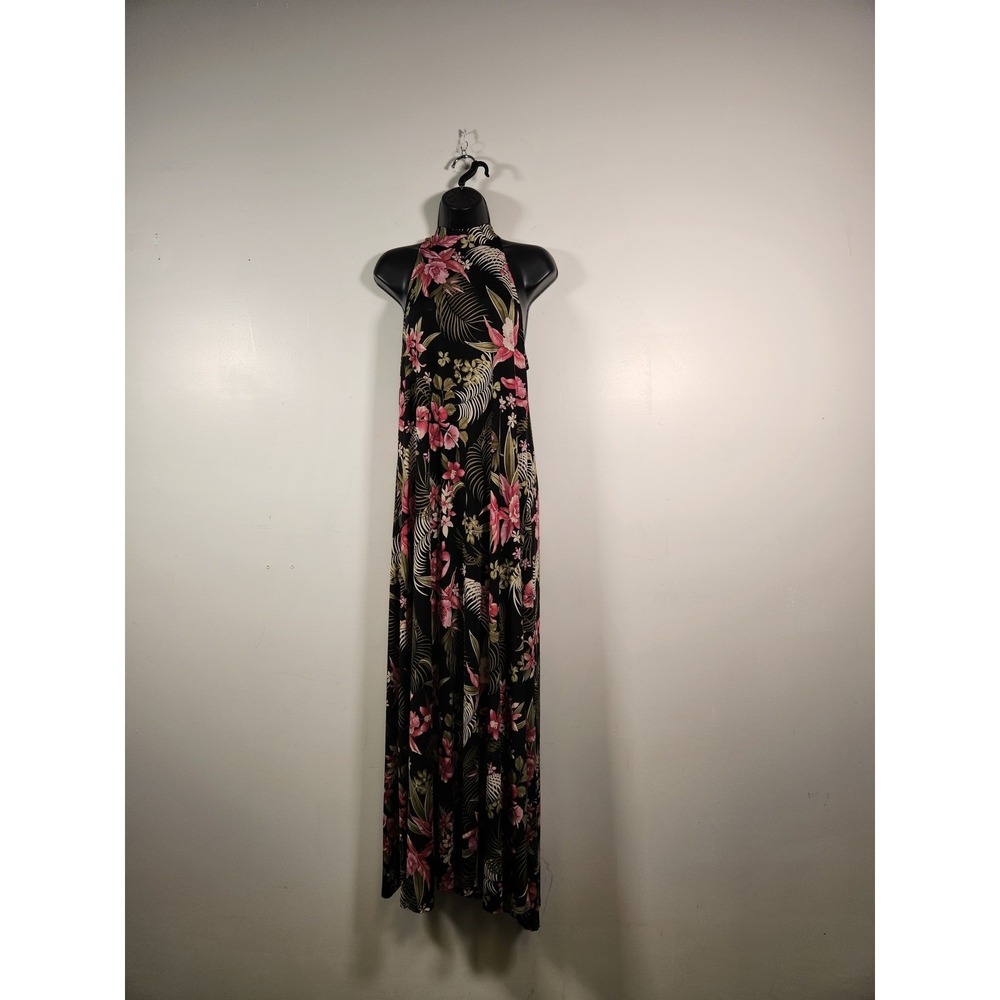 BLOOMS IN THE CITY Sleeveless Halter Maxi Dress Womens L Black Red Floral Lilies